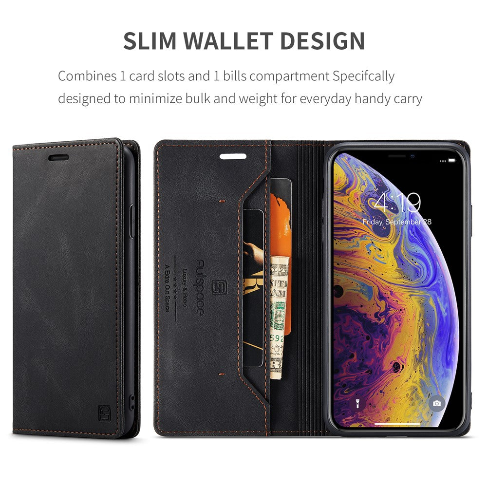 AUTSPACE A01 Series RFID Blokerende Retro Mat Pung Læder Etui til iPhone XS Max 6.5 tommer