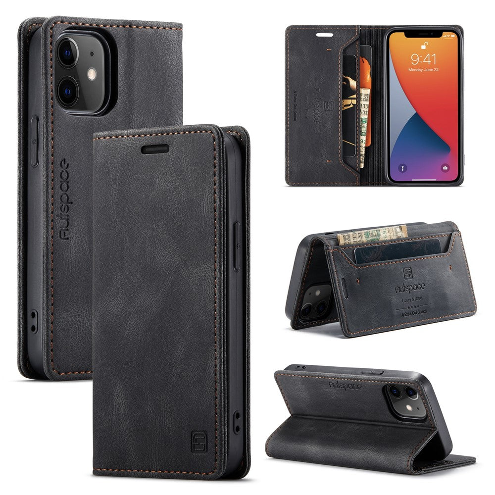 AUTSPACE A01 Series RFID-beskyttelse Retro Mat Pung Læder Etui til iPhone 12 mini 5,4 tommer