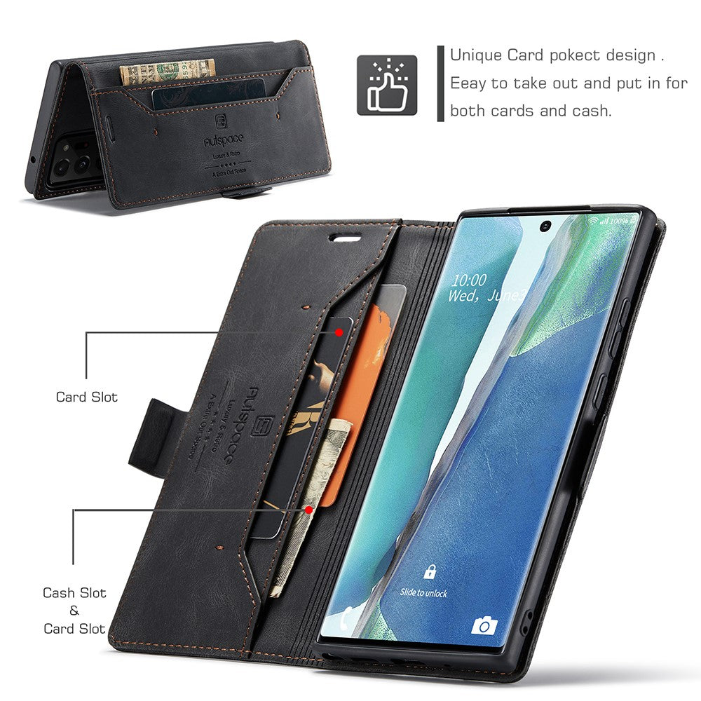 AUTSPACE A01 Series RFID Blocking Retro Matte Leather Wallet Cover for Samsung Galaxy Note20 Ultra/Note20 Ultra 5G