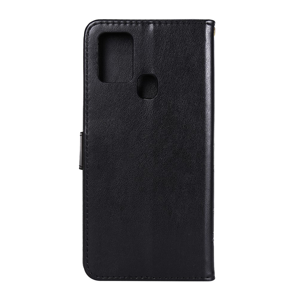 Lædertelefoncover med sommerfugleblomstpræg og pungstativ til Samsung Galaxy A21s
