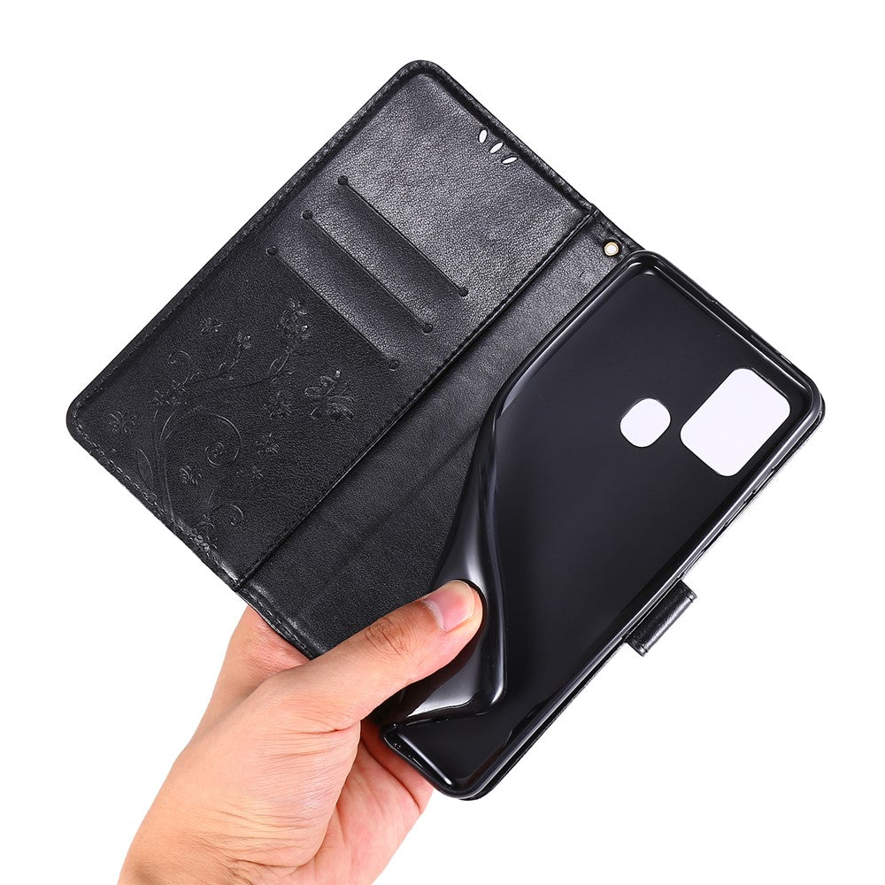 Lædertelefoncover med sommerfugleblomstpræg og pungstativ til Samsung Galaxy A21s