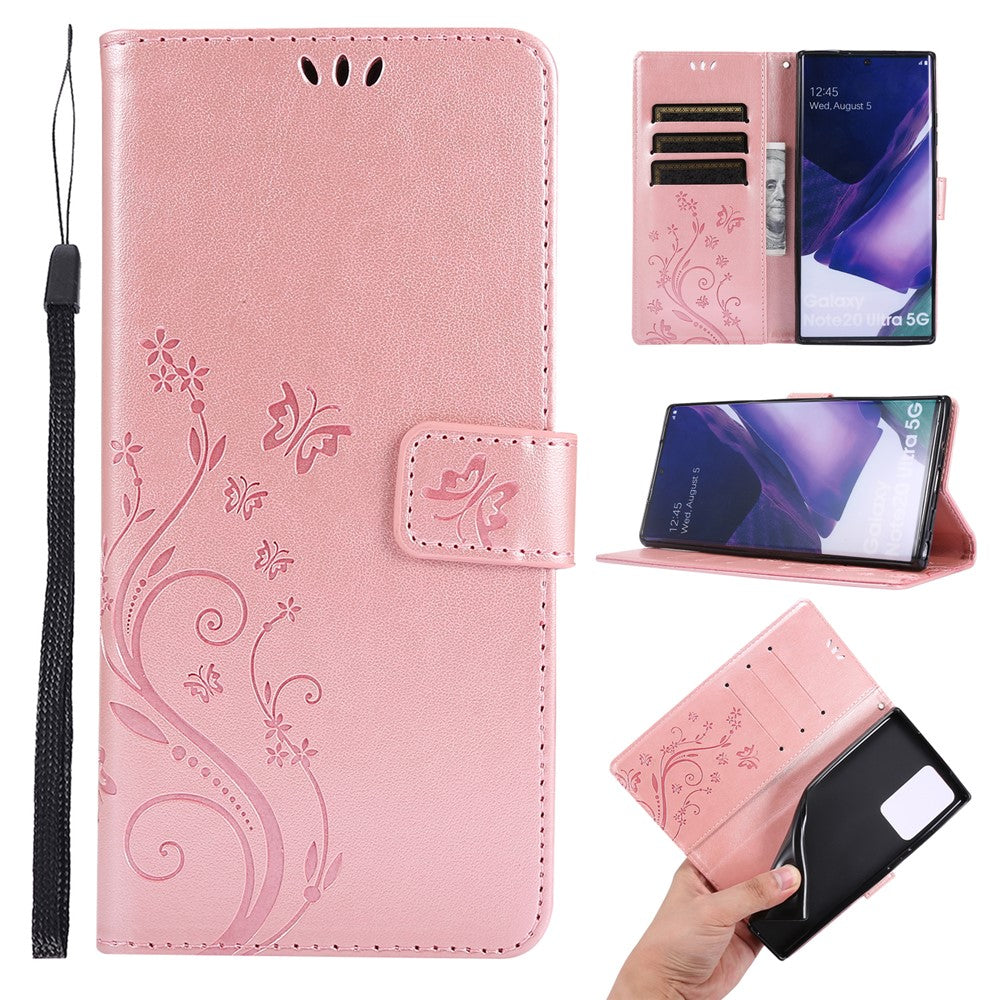 Butterfly Flower Imprinting TPU + PU Leather Wallet Stand Cover Case for Samsung Galaxy Note20 Ultra/Note20 Ultra 5G