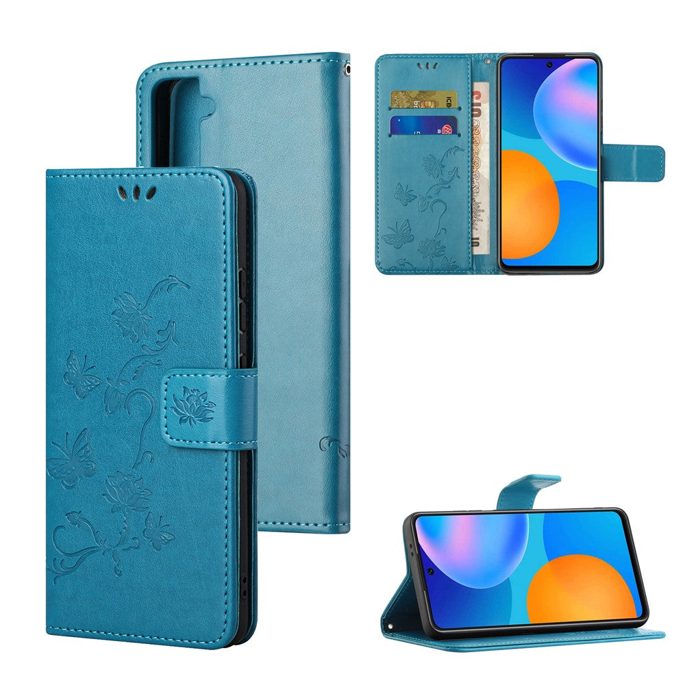 Läderskal med avtryck av fjärilsblommor till Samsung Galaxy S21 5G/S21 4G plånboksfodral