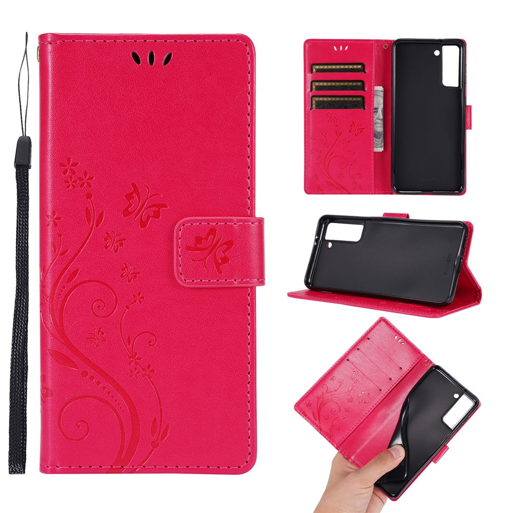 Butterfly Flower Imprinting Leather Wallet Phone Stand Case with Wrist Strap for Samsung Galaxy S21 5G/S21 4G