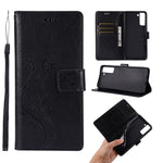 Leather Wallet Phone Case + Wrist Strap with Butterfly Flower Imprinting for Samsung Galaxy S21 Plus 5G