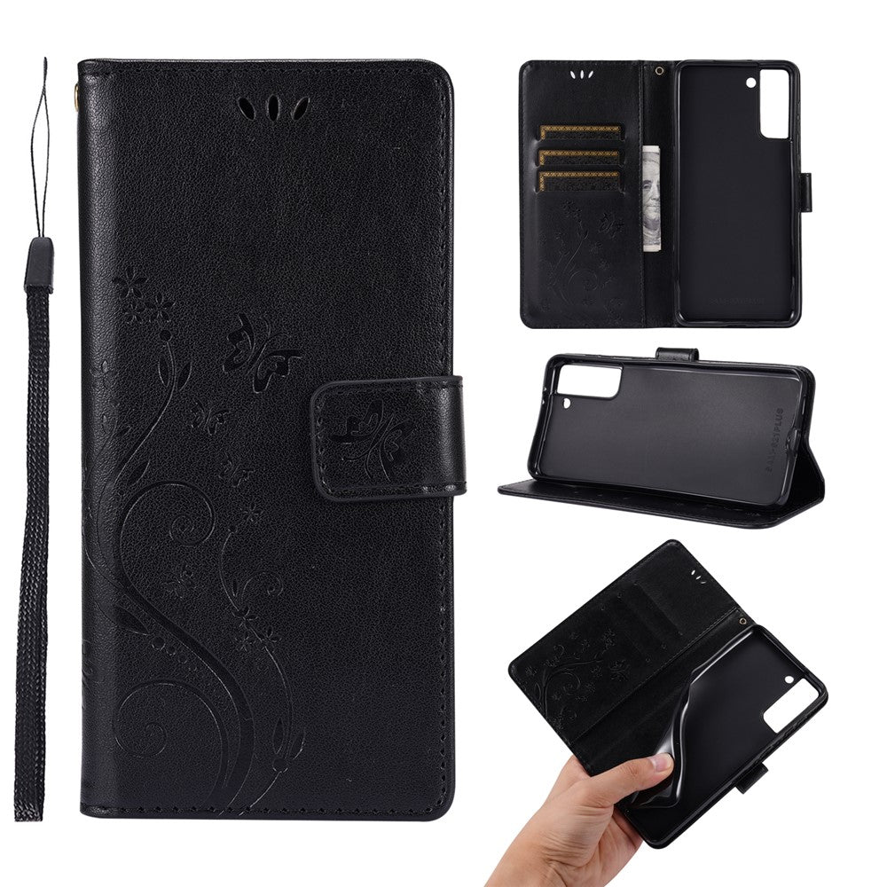 Leather Wallet Phone Case + Wrist Strap with Butterfly Flower Imprinting for Samsung Galaxy S21 Plus 5G