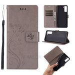 Leather Wallet Phone Case + Wrist Strap with Butterfly Flower Imprinting for Samsung Galaxy S21 Plus 5G