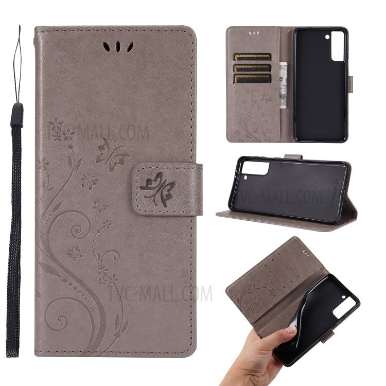 Leather Wallet Phone Case + Wrist Strap with Butterfly Flower Imprinting for Samsung Galaxy S21 Plus 5G