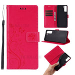 Leather Wallet Phone Case + Wrist Strap with Butterfly Flower Imprinting for Samsung Galaxy S21 Plus 5G
