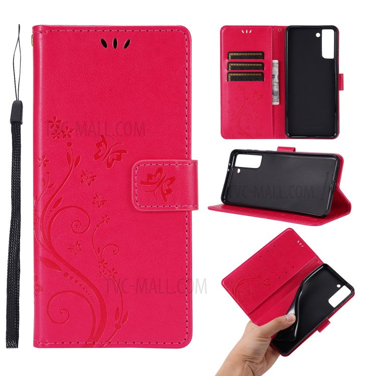 Leather Wallet Phone Case + Wrist Strap with Butterfly Flower Imprinting for Samsung Galaxy S21 Plus 5G