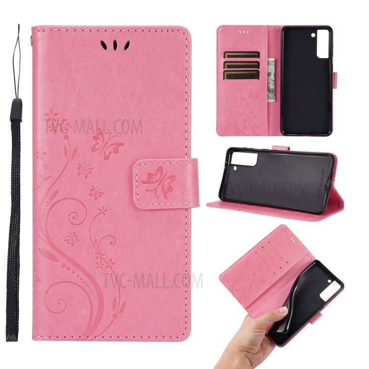 Leather Wallet Phone Case + Wrist Strap with Butterfly Flower Imprinting for Samsung Galaxy S21 Plus 5G