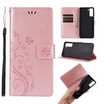 Leather Wallet Phone Case + Wrist Strap with Butterfly Flower Imprinting for Samsung Galaxy S21 Plus 5G