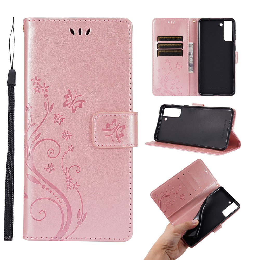 Leather Wallet Phone Case + Wrist Strap with Butterfly Flower Imprinting for Samsung Galaxy S21 Plus 5G