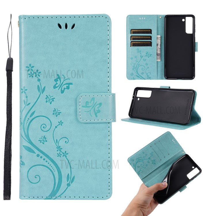 Leather Wallet Phone Case + Wrist Strap with Butterfly Flower Imprinting for Samsung Galaxy S21 Plus 5G