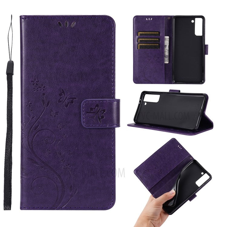 Leather Wallet Phone Case + Wrist Strap with Butterfly Flower Imprinting for Samsung Galaxy S21 Plus 5G