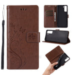 Leather Wallet Phone Case + Wrist Strap with Butterfly Flower Imprinting for Samsung Galaxy S21 Plus 5G