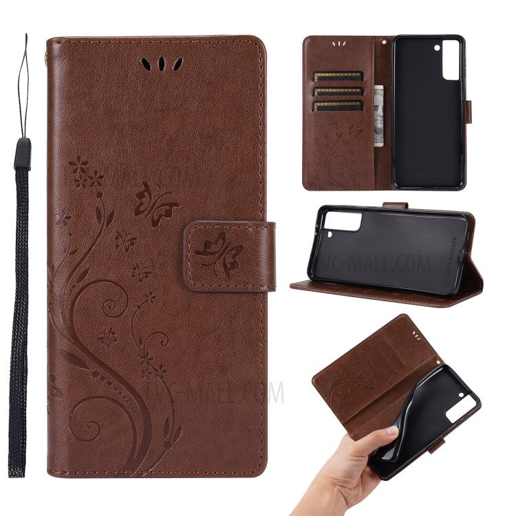Leather Wallet Phone Case + Wrist Strap with Butterfly Flower Imprinting for Samsung Galaxy S21 Plus 5G