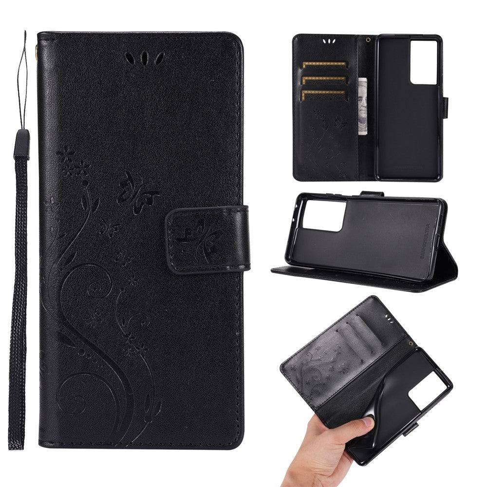 Butterfly Flower Imprinting Leather Case with Wrist Strap for Samsung Galaxy S21 Ultra 5G