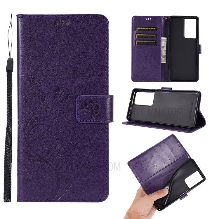 Läderfodral med fjärilstryck och handledsrem för Samsung Galaxy S21 Ultra 5G