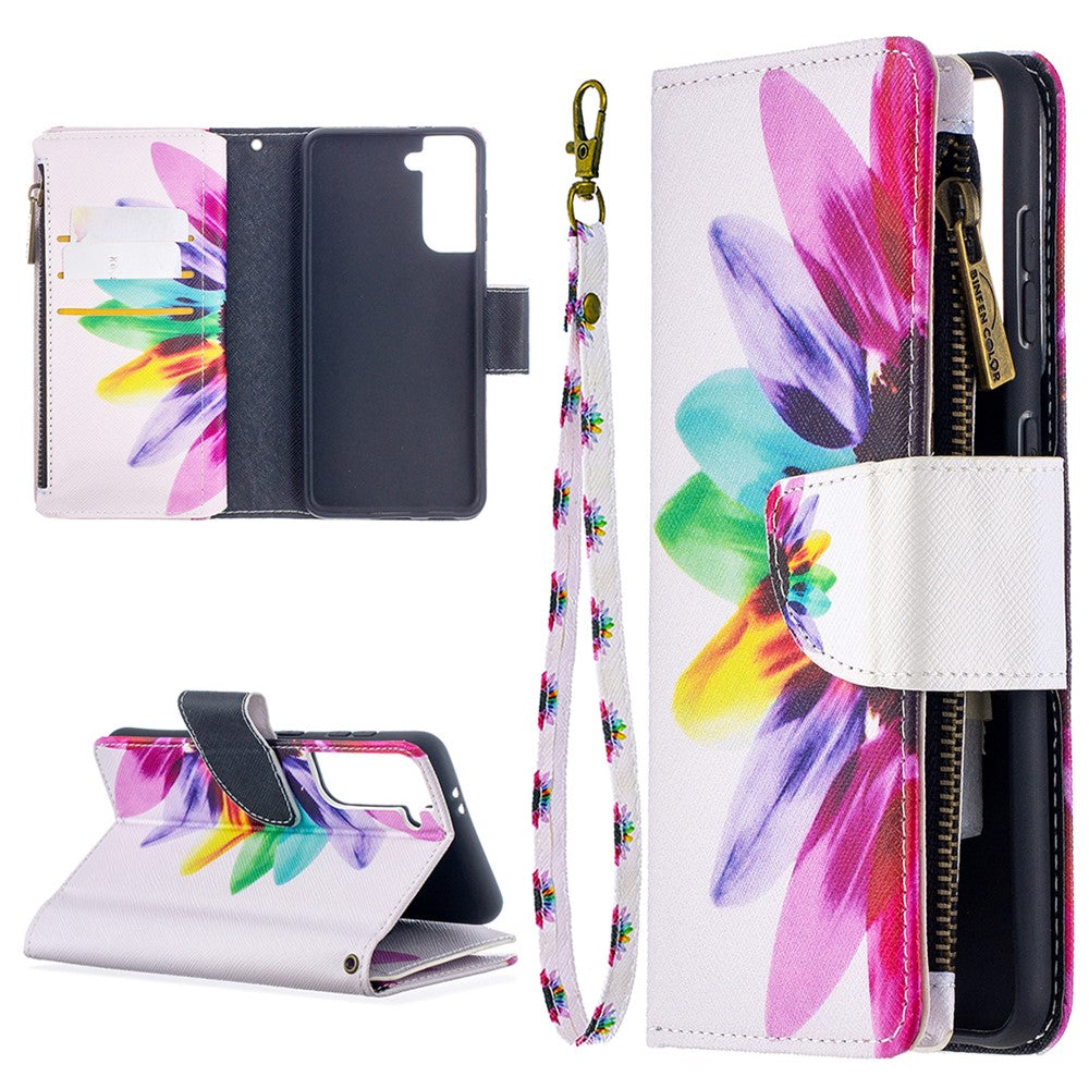 BF03 Pattern Printing Leather Phone Shell with Zipper Pocket Wallet for Samsung Galaxy S21 5G / S21 4G