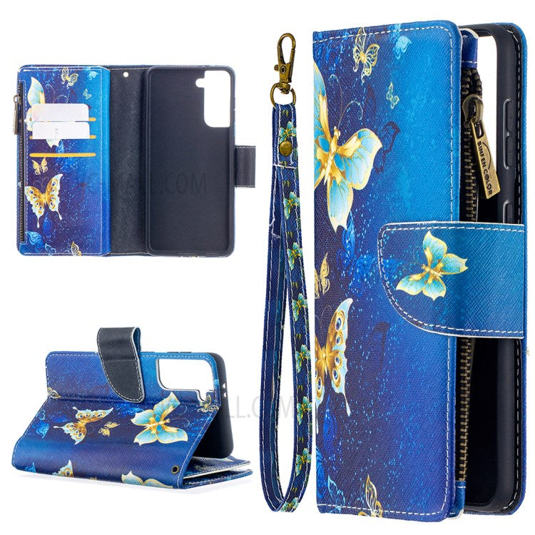 BF03 Pattern Printing Leather Phone Shell with Zipper Pocket Wallet for Samsung Galaxy S21 5G / S21 4G