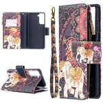 BF03 Pattern Printing Leather Phone Shell with Zipper Pocket Wallet for Samsung Galaxy S21 5G / S21 4G
