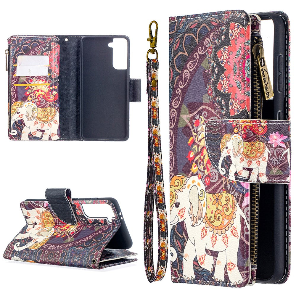 BF03 Pattern Printing Leather Phone Shell with Zipper Pocket Wallet for Samsung Galaxy S21 5G / S21 4G