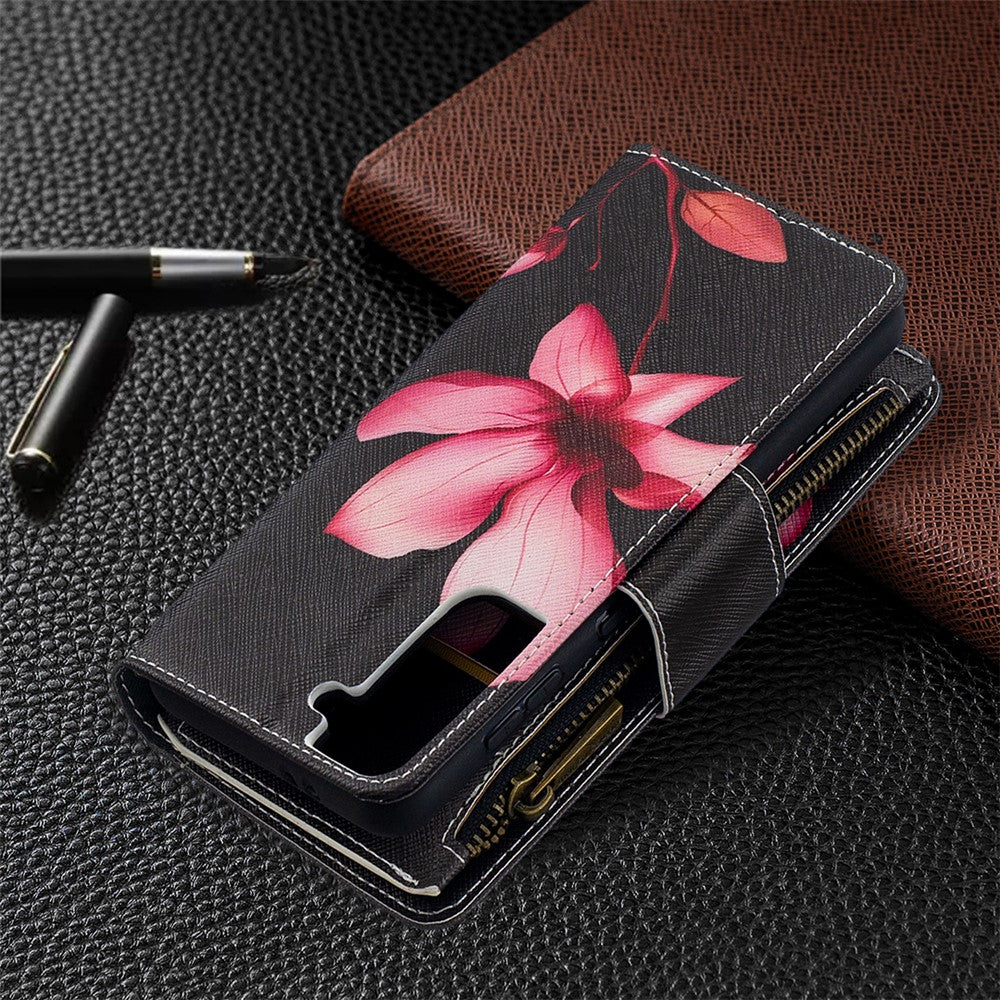 BF03 Pattern Printing Leather Phone Shell with Zipper Pocket Wallet for Samsung Galaxy S21 5G / S21 4G