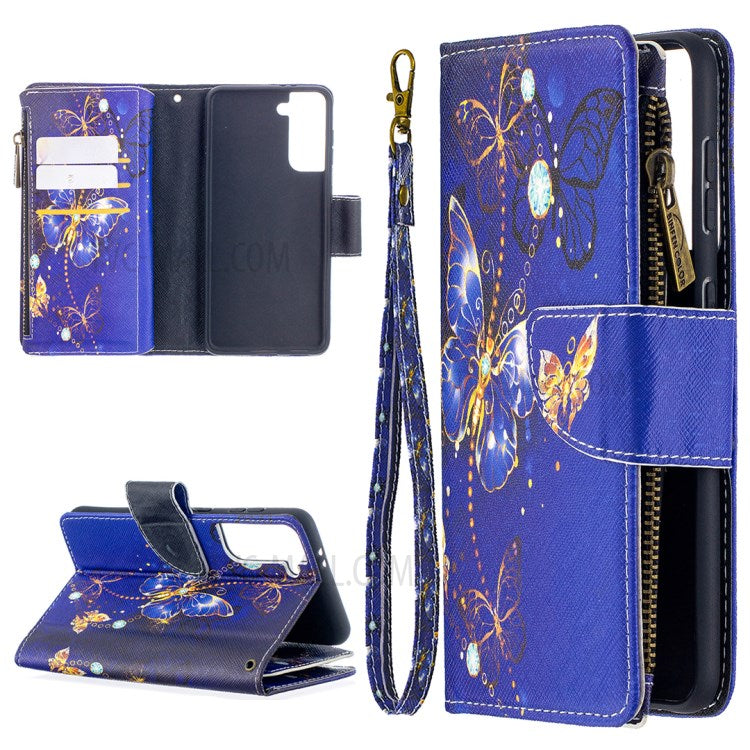 BF03 Pattern Printing Leather Phone Shell with Zipper Pocket Wallet for Samsung Galaxy S21 5G / S21 4G