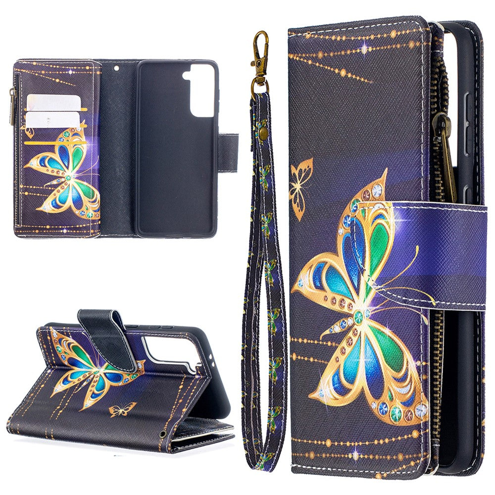BF03 Pattern Printing Leather Phone Shell with Zipper Pocket Wallet for Samsung Galaxy S21 5G / S21 4G
