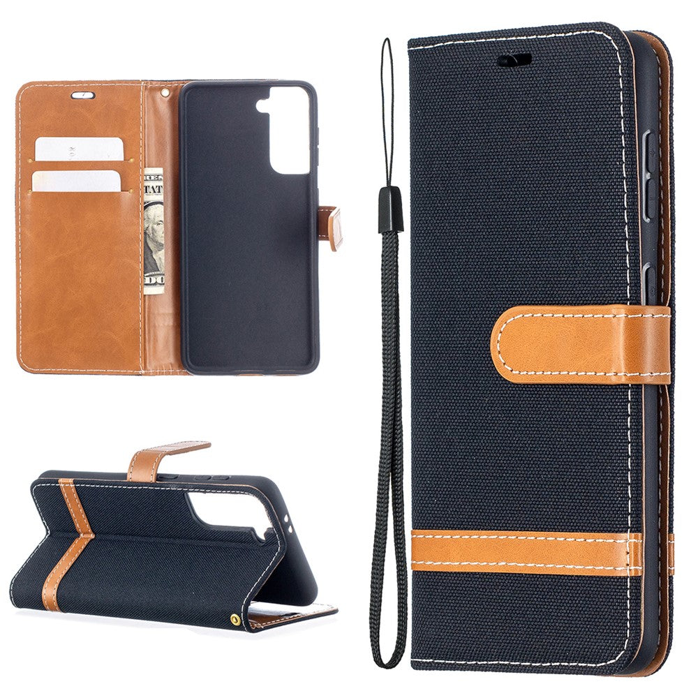 Color Splicing Jeans Cloth Skin Wallet Leather Phone Shell for Samsung Galaxy S21 4G/5G