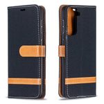 Farve Sammenføjning Jeans Klæde Skin Tegnebog Læder Telefoncover til Samsung Galaxy S21 4G/5G
