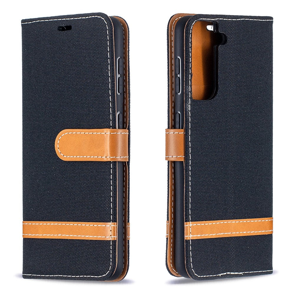 Color Splicing Jeans Cloth Skin Wallet Leather Phone Shell for Samsung Galaxy S21 4G/5G