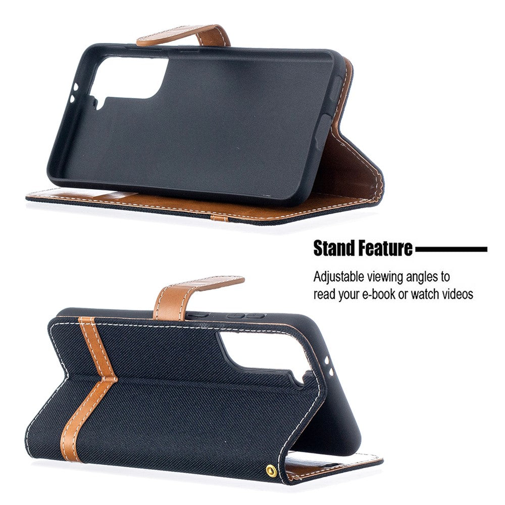 Color Splicing Jeans Cloth Skin Wallet Leather Phone Shell for Samsung Galaxy S21 4G/5G