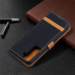 Farve Sammenføjning Jeans Klæde Skin Tegnebog Læder Telefoncover til Samsung Galaxy S21 4G/5G