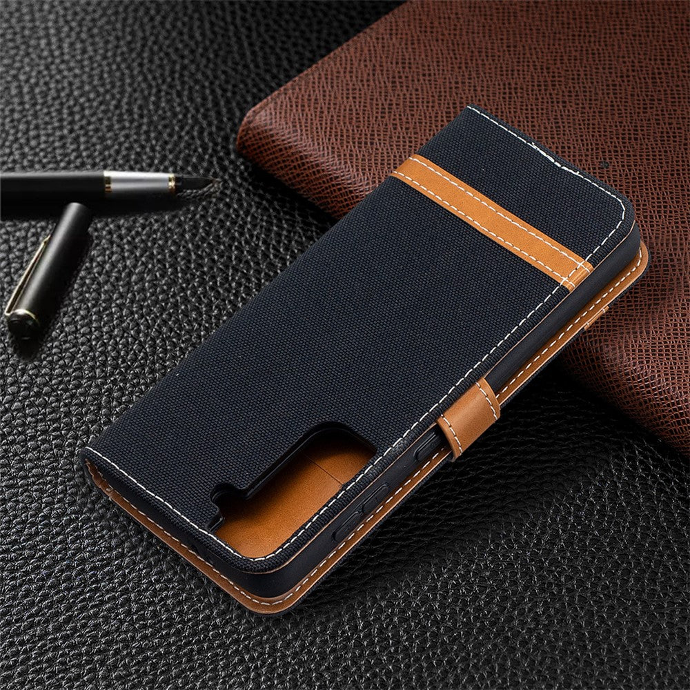 Farve Sammenføjning Jeans Klæde Skin Tegnebog Læder Telefoncover til Samsung Galaxy S21 4G/5G