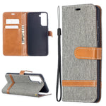 Color Splicing Jeans Cloth Skin Wallet Leather Phone Shell for Samsung Galaxy S21 4G/5G