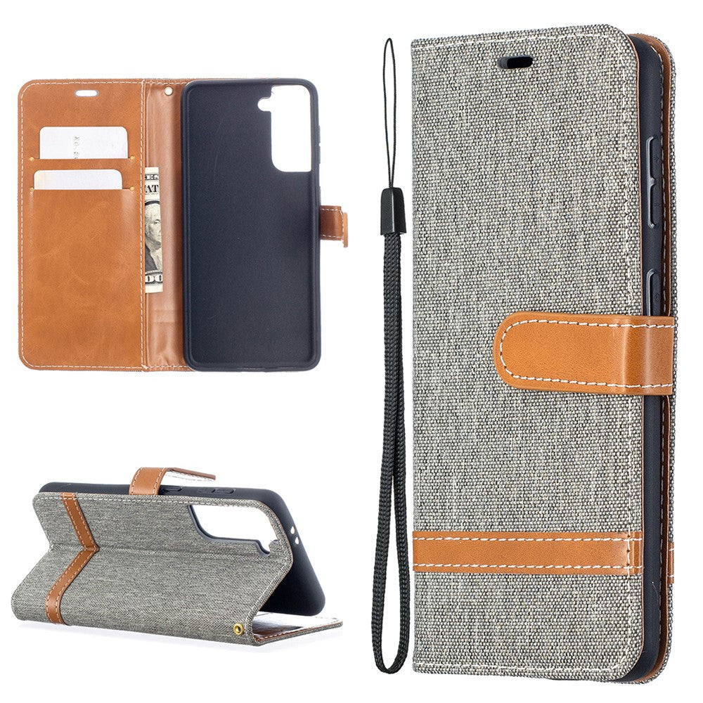 Color Splicing Jeans Cloth Skin Wallet Leather Phone Shell for Samsung Galaxy S21 4G/5G