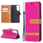 Color Splicing Jeans Cloth Skin Wallet Leather Phone Shell for Samsung Galaxy S21 4G/5G