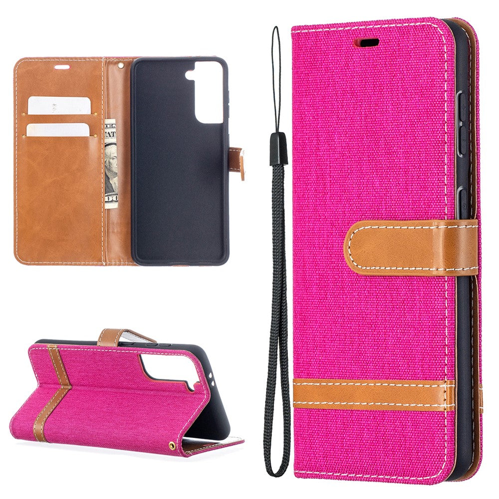 Color Splicing Jeans Cloth Skin Wallet Leather Phone Shell for Samsung Galaxy S21 4G/5G