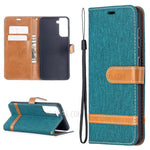 Color Splicing Jeans Cloth Skin Wallet Leather Phone Shell for Samsung Galaxy S21 4G/5G