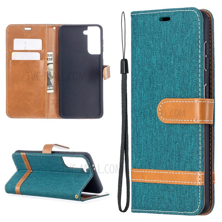 Color Splicing Jeans Cloth Skin Wallet Leather Phone Shell for Samsung Galaxy S21 4G/5G