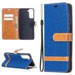 Color Splicing Jeans Cloth Skin Wallet Leather Phone Shell for Samsung Galaxy S21 4G/5G