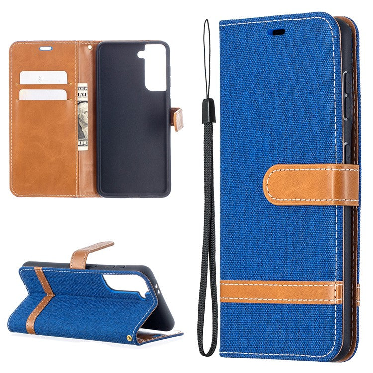Color Splicing Jeans Cloth Skin Wallet Leather Phone Shell for Samsung Galaxy S21 4G/5G