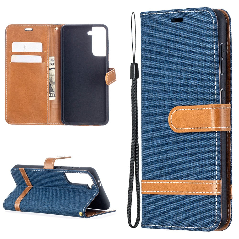 Color Splicing Jeans Cloth Skin Wallet Leather Phone Shell for Samsung Galaxy S21 4G/5G