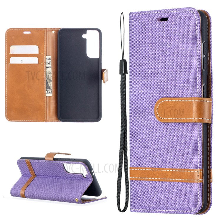 Color Splicing Jeans Cloth Skin Wallet Leather Phone Shell for Samsung Galaxy S21 4G/5G