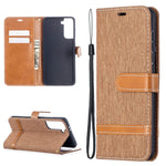 Color Splicing Jeans Cloth Skin Wallet Leather Phone Shell for Samsung Galaxy S21 4G/5G