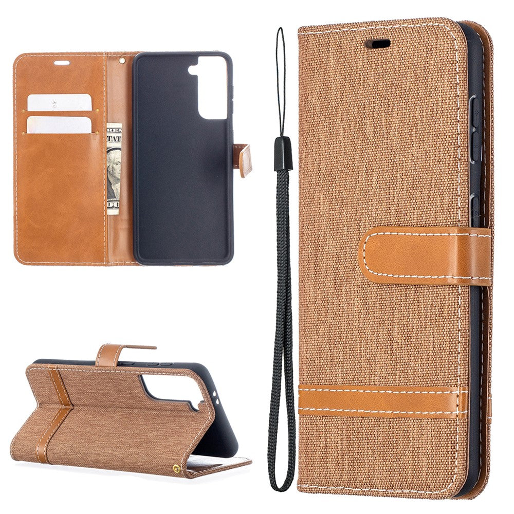 Color Splicing Jeans Cloth Skin Wallet Leather Phone Shell for Samsung Galaxy S21 4G/5G