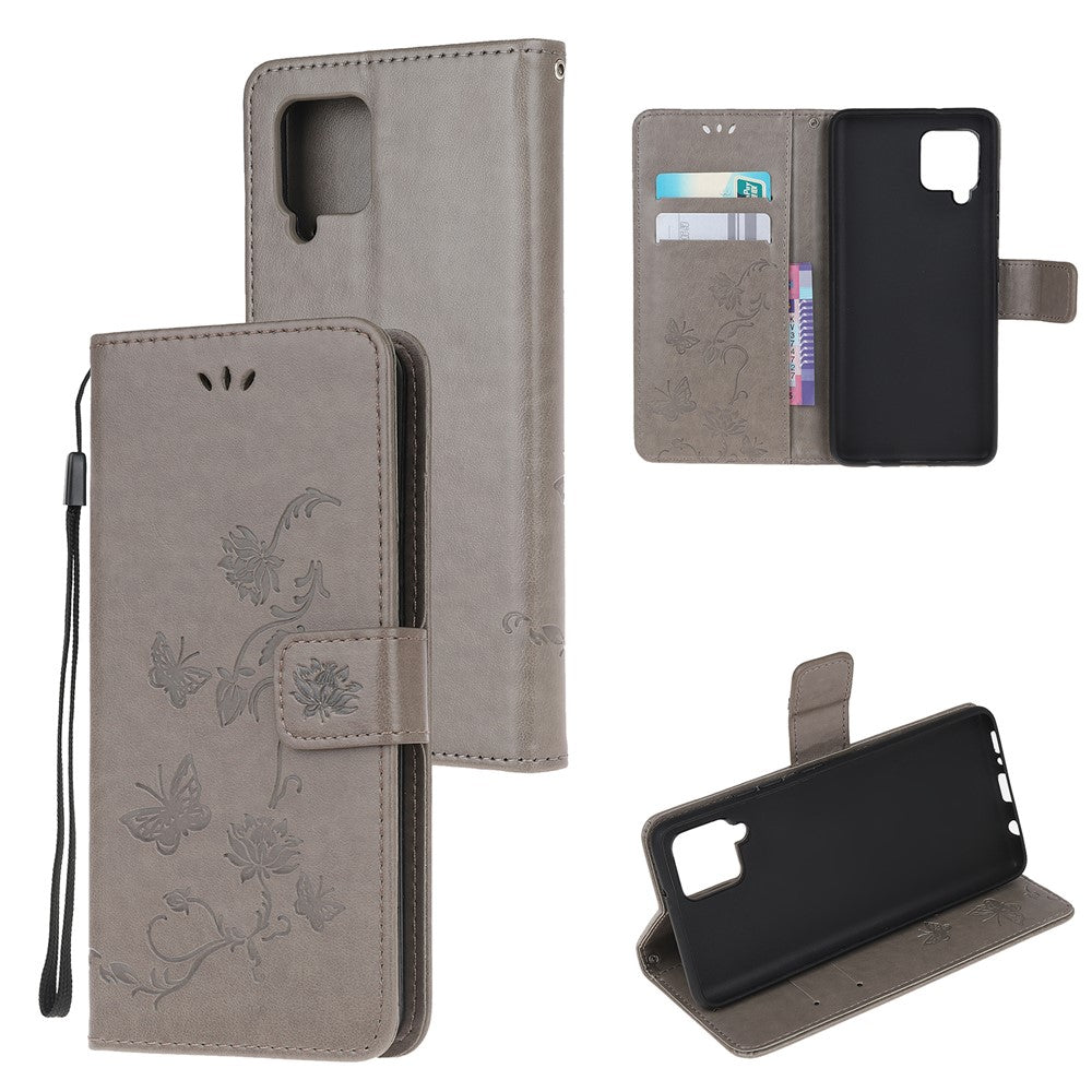 Läderfodral med fjärilsmotiv och blommor för Samsung Galaxy A12