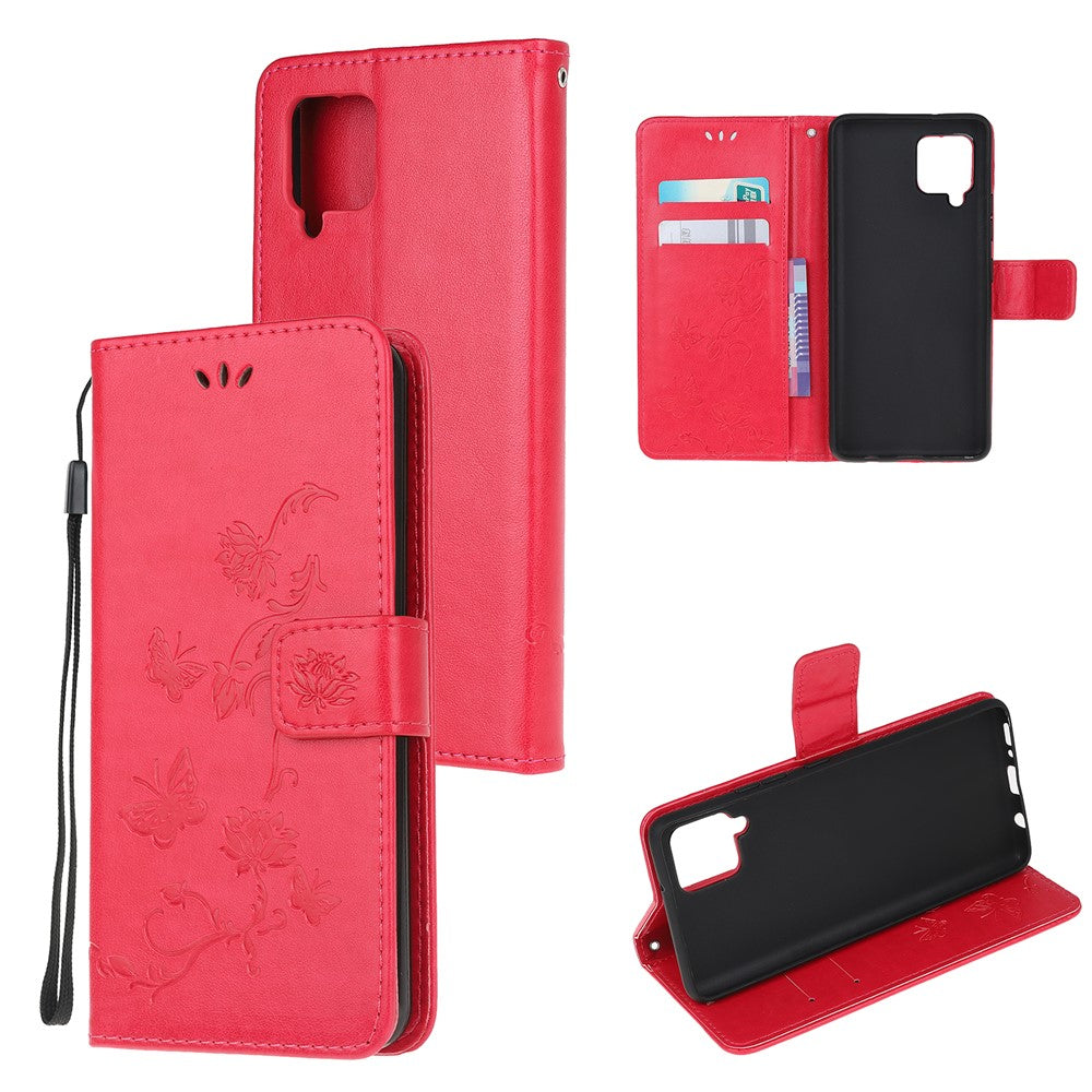 Läderfodral med fjärilsmotiv och blommor för Samsung Galaxy A12